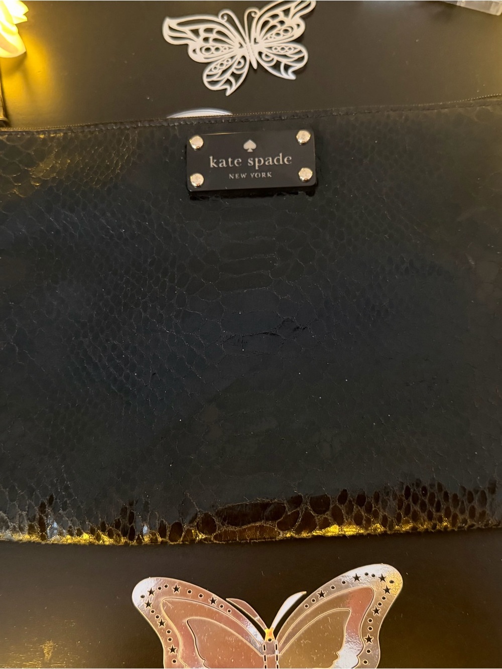 kate spade Black Patent Snake-Embossed Clutch